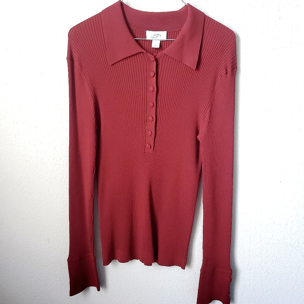 Loft Ribbed Half-Button Fitted Top - image 1